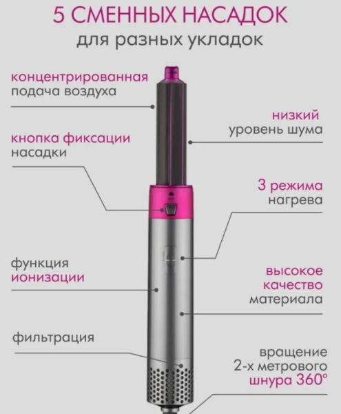 Стайлер для волос с пятью насадками 5в1 Hot Air Styler / Профессиональный фен - плойка / Набор 5в1
